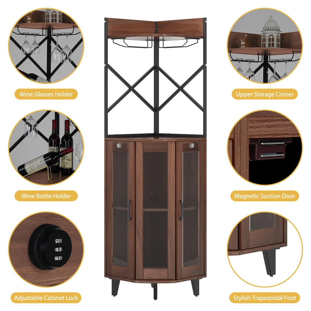 COCO DESIGN All Black Corner Wine Cabinet, Lockable Glass Door with Light