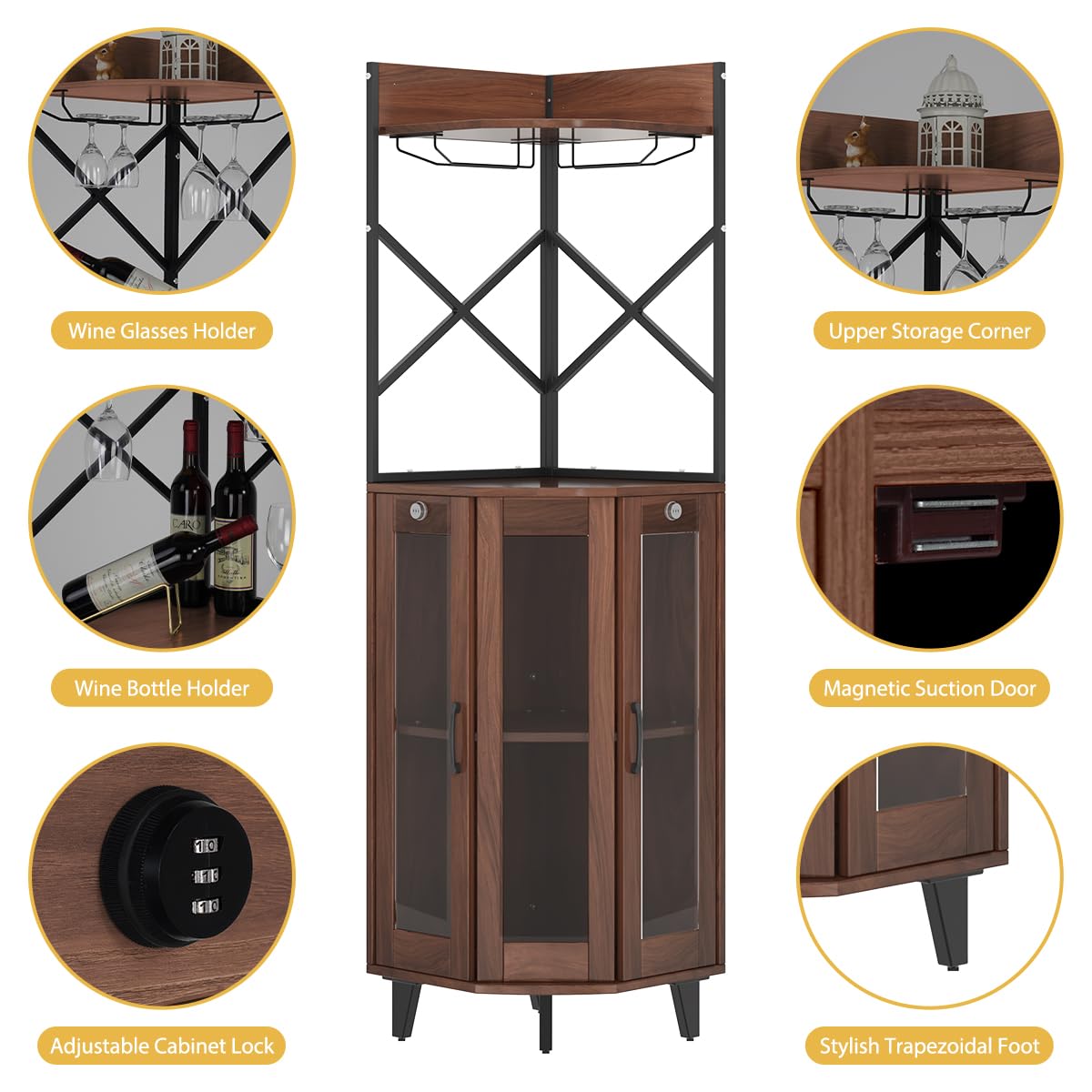 COCO DESIGN All Black Corner Wine Cabinet, Lockable Glass Door with Light