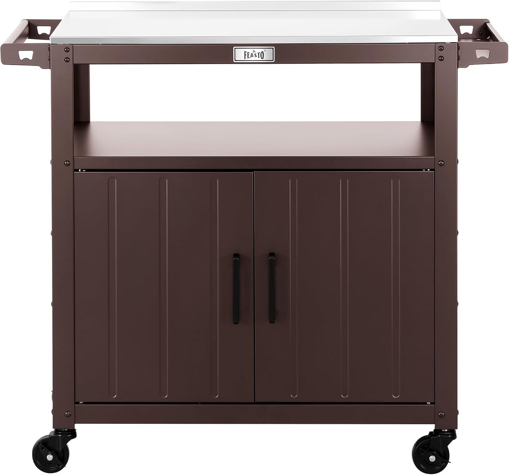 Feasto Outdoor Grill Cart w/Storage Cabinet, Stainless Steel Top, Brown