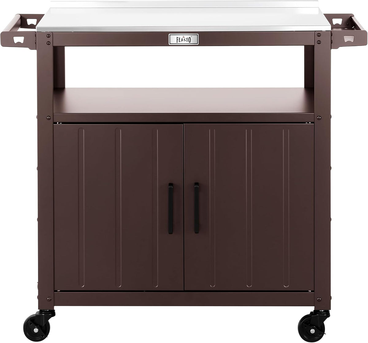 Feasto Outdoor Grill Cart w/Storage Cabinet, Stainless Steel Top, Brown