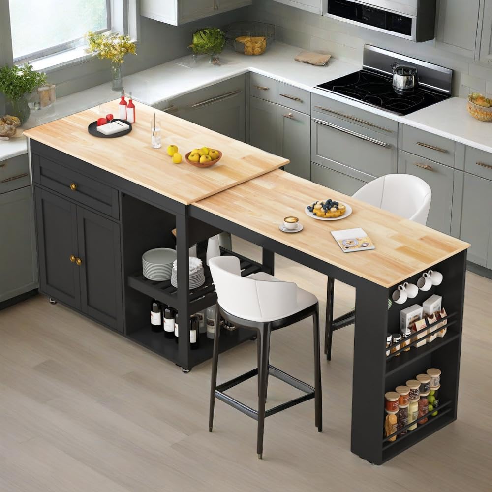 81.5" Kitchen Island with Extendable Dining Table, Rolling Kitchen Cart on Wheels with Spice Rack, Drawer and Door Cabinet for Dining Room, White