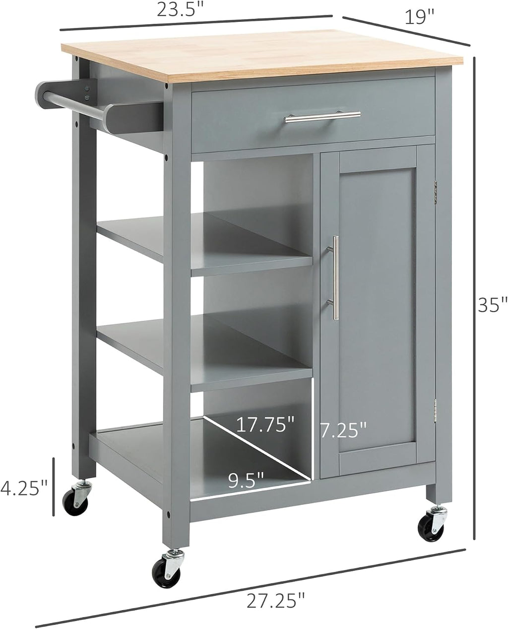 HOMCOM Kitchen Island Cart, Rolling Kitchen Island, Wood Top, Gray