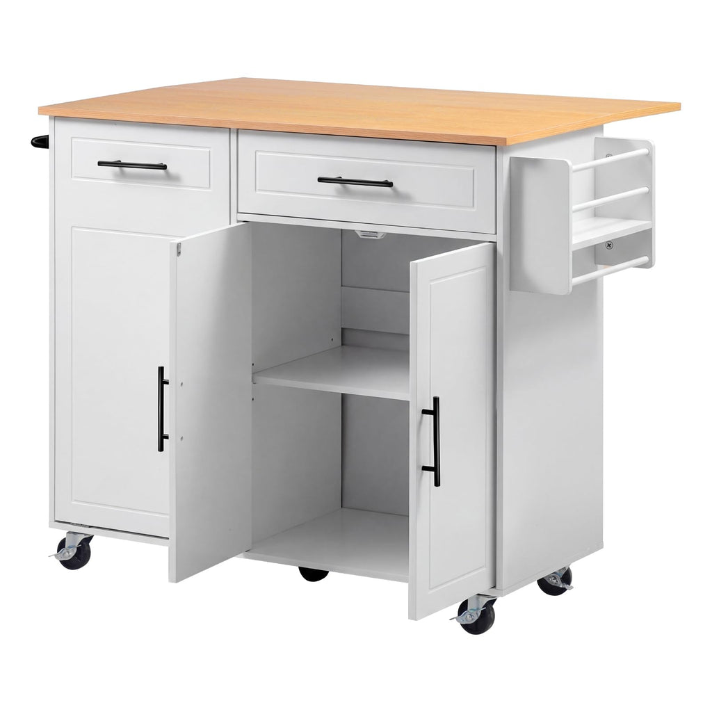 VEVOR Kitchen Island Cart with Storage, 42.28 in Wide Mobile Rolling Storage Island on Swivel Wheels, with Drawer, Storage Cabinet, Drop Leaf, Spice Rack, Table for Home Dining Room, White