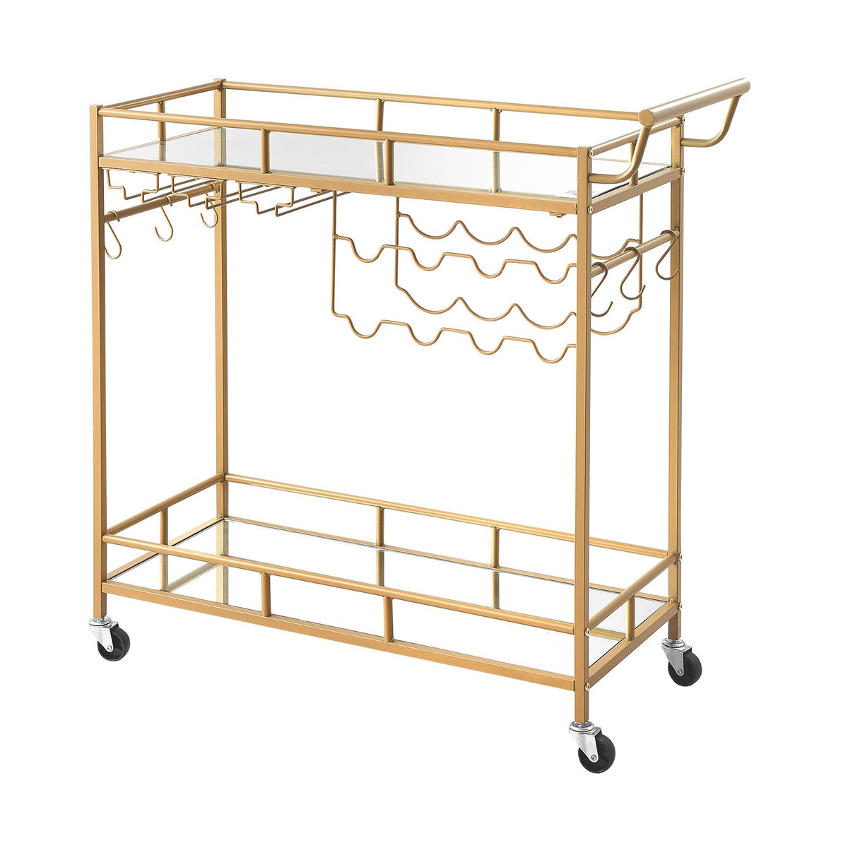 VEVOR Bar Cart, 3 Tiers Home Kitchen Serving Carts, Modern Rolling Utility Station on Wheels, Drink Beverage Trolley with Tempered Glass Shelves, Wine Rack, Glass Holder, for Living Dining Room, Gold