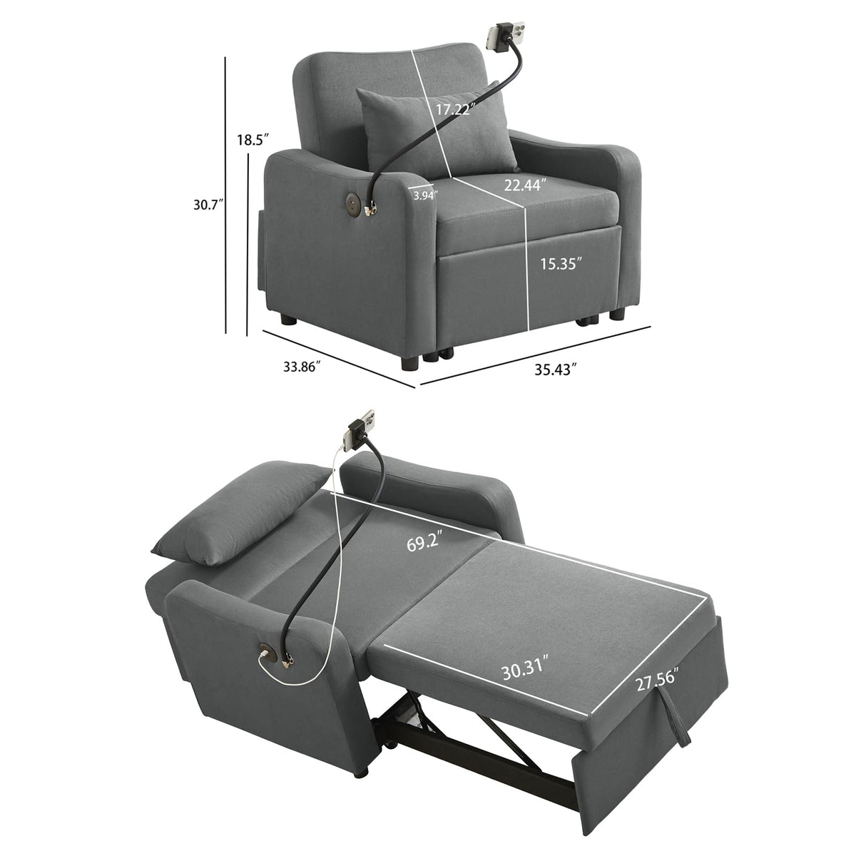 Convertible Single Sleeper Chair Bed,3 in 1 Velvet Futon Sleeper Sofa Bed with Phone Holder&USB Ports,Pull Out Couch Bed,Adjustable Recliner Armchair bed for Living Room,Office,Small Places(Grey)