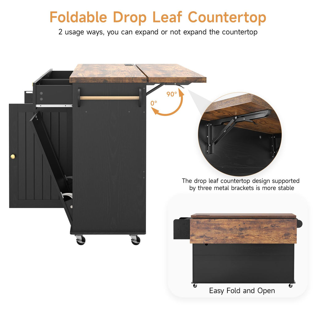 ONBRILL 60" Kitchen Island with Trash Can Storage, Rolling Island Table