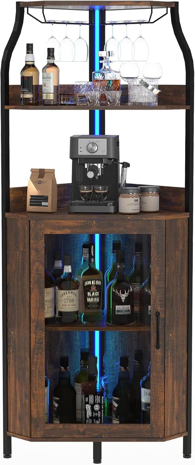 Garvee 72-Inch Industrial Corner Wine Cabinet with Built-in Power Outlet and LED Strip, Mesh Door Liquor Storage with Glass Holder, 5-Tier Bar Display Unit for Home or Small Space, Sturdy Metal Frame