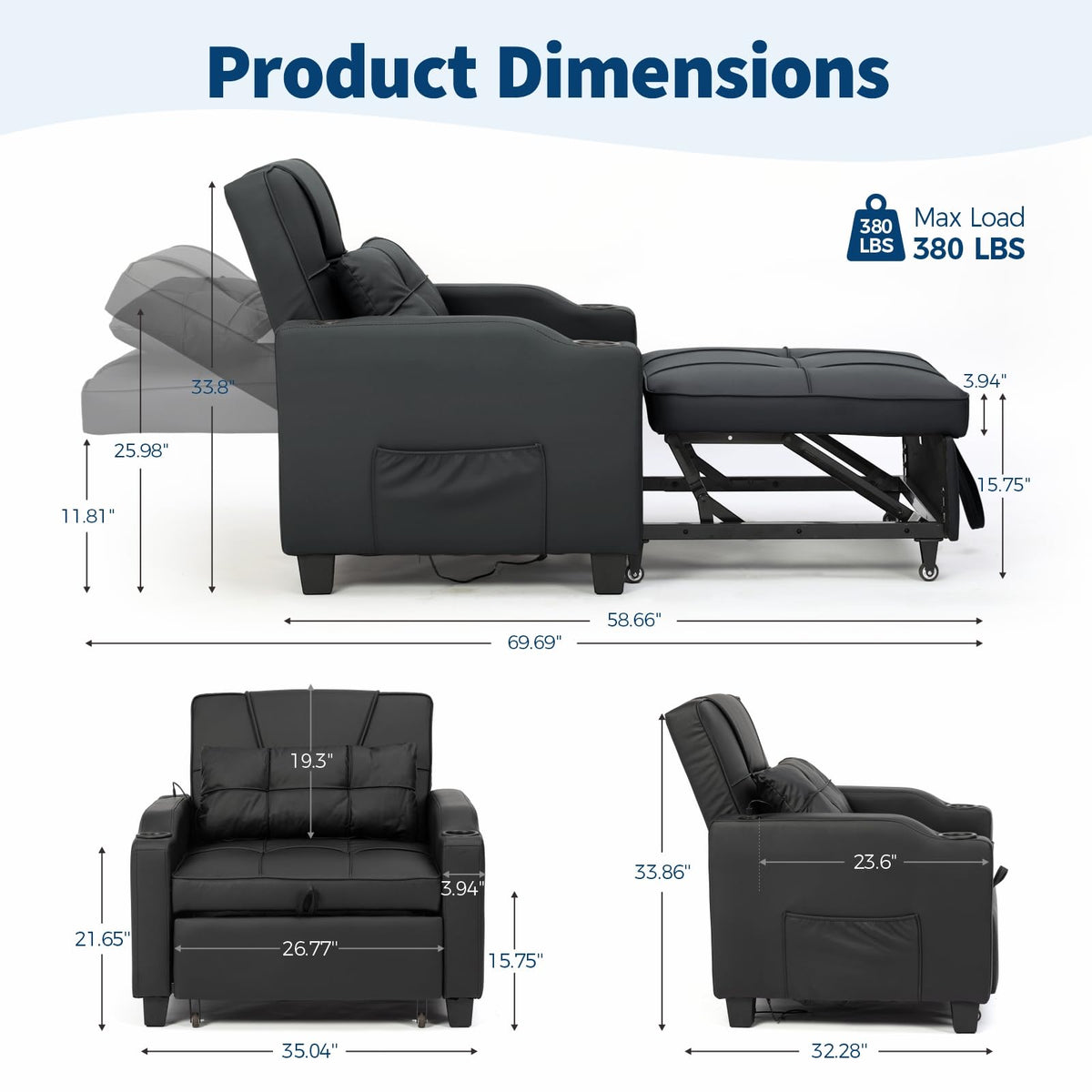 Sleeper Chair Pull Out Bed, 4 in 1 Convertible Sofa Chair Bed with Vibration Massage Lumbar Pillow, Single Sofa Recliner with USB/Type-C Port, Cup Holders and Side Pocket for Small Spaces (Black)