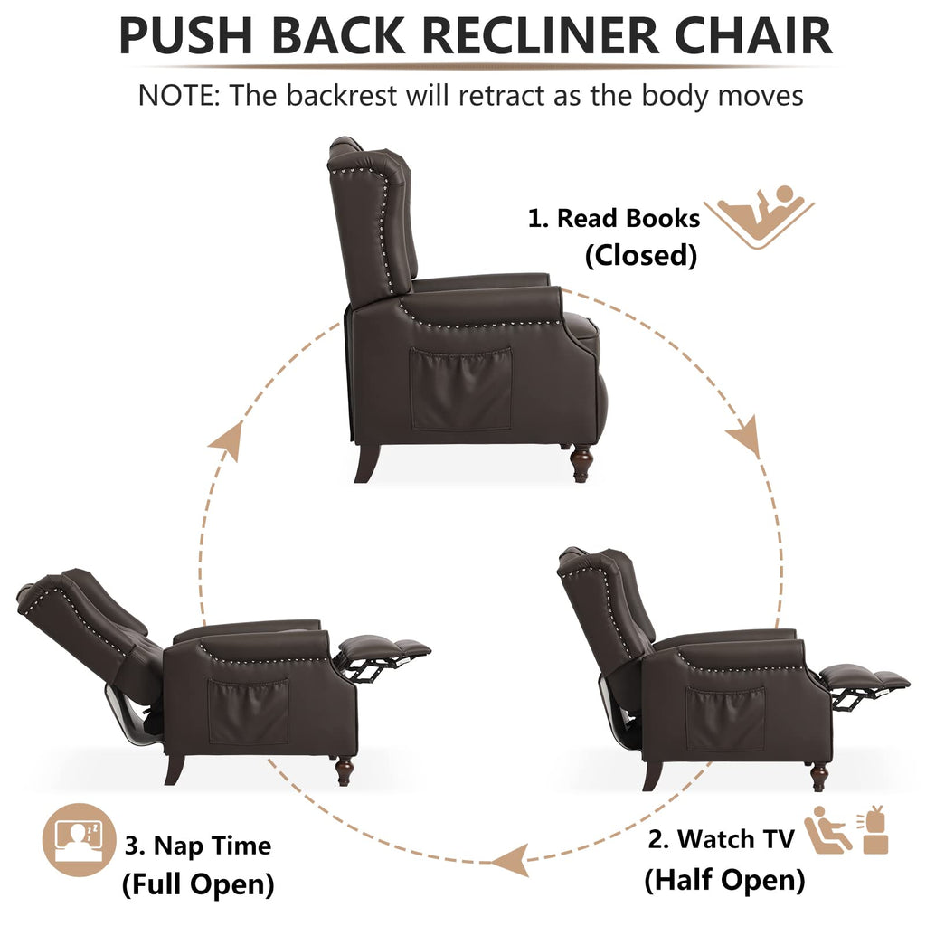 IPKIG Wingback Pushback Recliner Chair - Mid Century Recliner Armchair with Massage and Heat, Rivet Decoration, Button-Tufted Back, Solid Wood Legs for Living Room, Bedroom, Office(Beige)