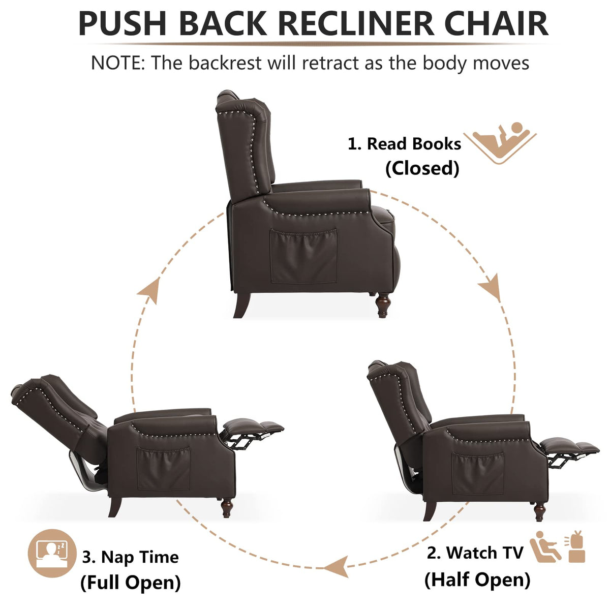 IPKIG Wingback Pushback Recliner Chair - Mid Century Recliner Armchair with Massage and Heat, Rivet Decoration, Button-Tufted Back, Solid Wood Legs for Living Room, Bedroom, Office(Beige)