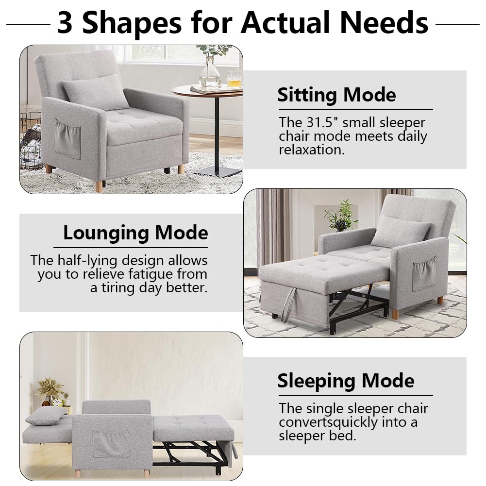 Sleeper Chair,Convertible Sleeper Sofa Chair,Pull Out Sleeper Chair with Adjustable Backrest,Multi-Functiona Lounge Chair for Living Room(Gray)