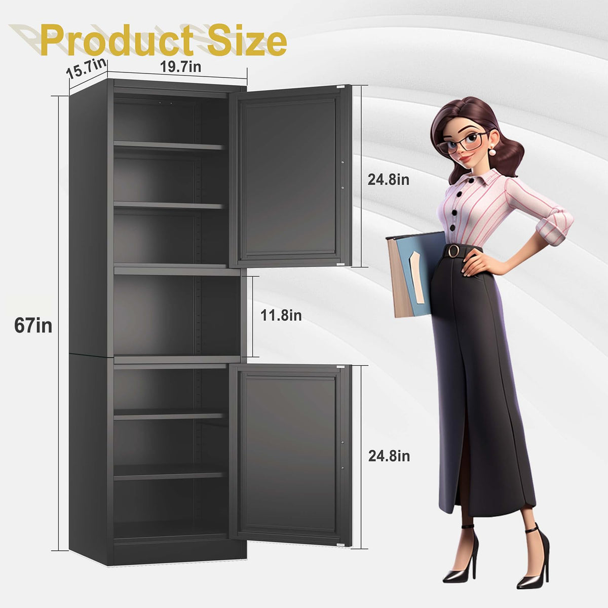67" Tall Metal Pantry Cabinet, Narrow Freestanding Storage Cabinet, Black