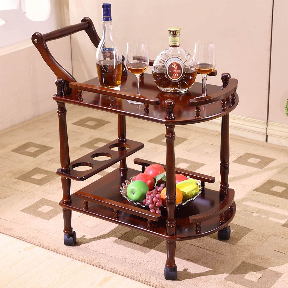 Entertainment Kitchen Cart, Midcentury Modern Imported rubberwood Brown Finished Wood 3-Tier Mobile Bar Cart Serving Cart
