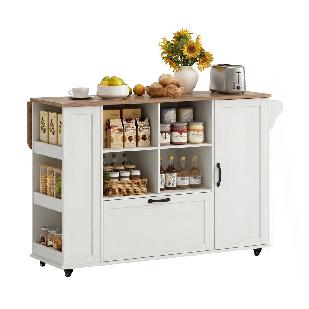 72" Rolling Kitchen Island with 360Â° Swivel Tabletop & Power Outlet,Mobile Kitchen Islands on Wheels with Storage,Farmhouse Wood Island Cart with Spice Rack,Rustic White
