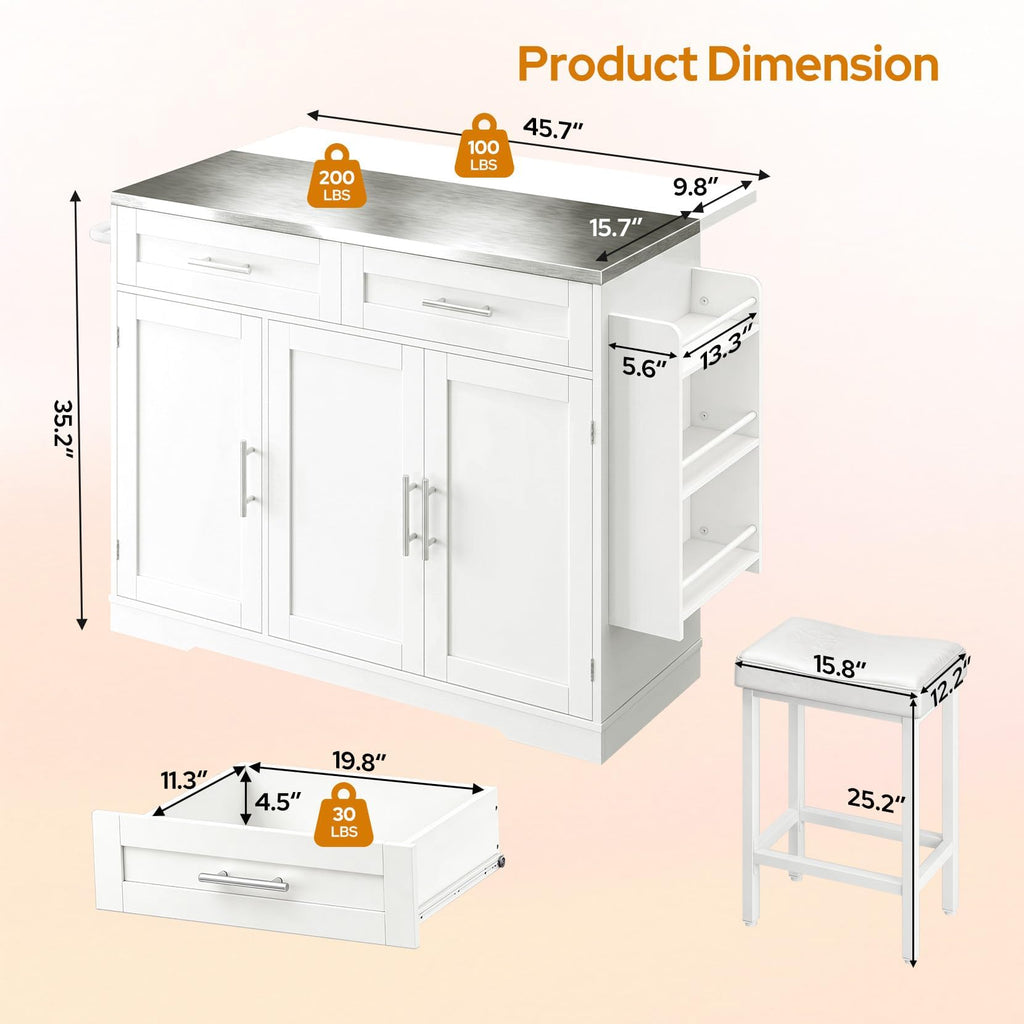 Concho 56" Kitchen Island with Seating Stainless Steel Countertop Black