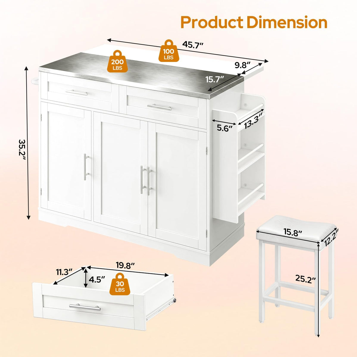 Concho 56" Kitchen Island with Seating Stainless Steel Countertop Black