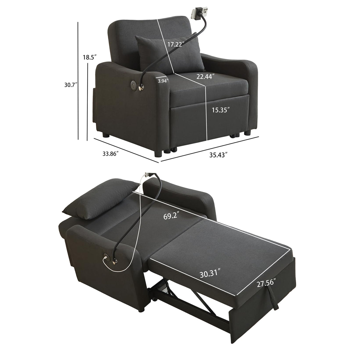 Convertible Single Sleeper Chair Bed,3 in 1 Velvet Futon Sleeper Sofa Bed with Phone Holder&USB Ports,Pull Out Couch Bed,Adjustable Recliner Armchair bed for Living Room,Office,Small Places(Grey)
