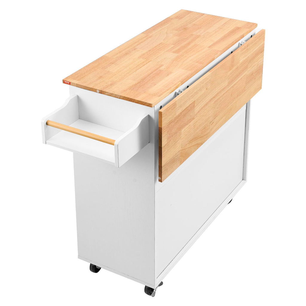 VEVOR Kitchen Island Cart with Storage, 47.64 in Wide Mobile Rolling Storage Island on Swivel Wheels, with 2 Drawers, Storage Cabinet, Drop Leaf, Towel Rack, Table for Home Dining Room, White