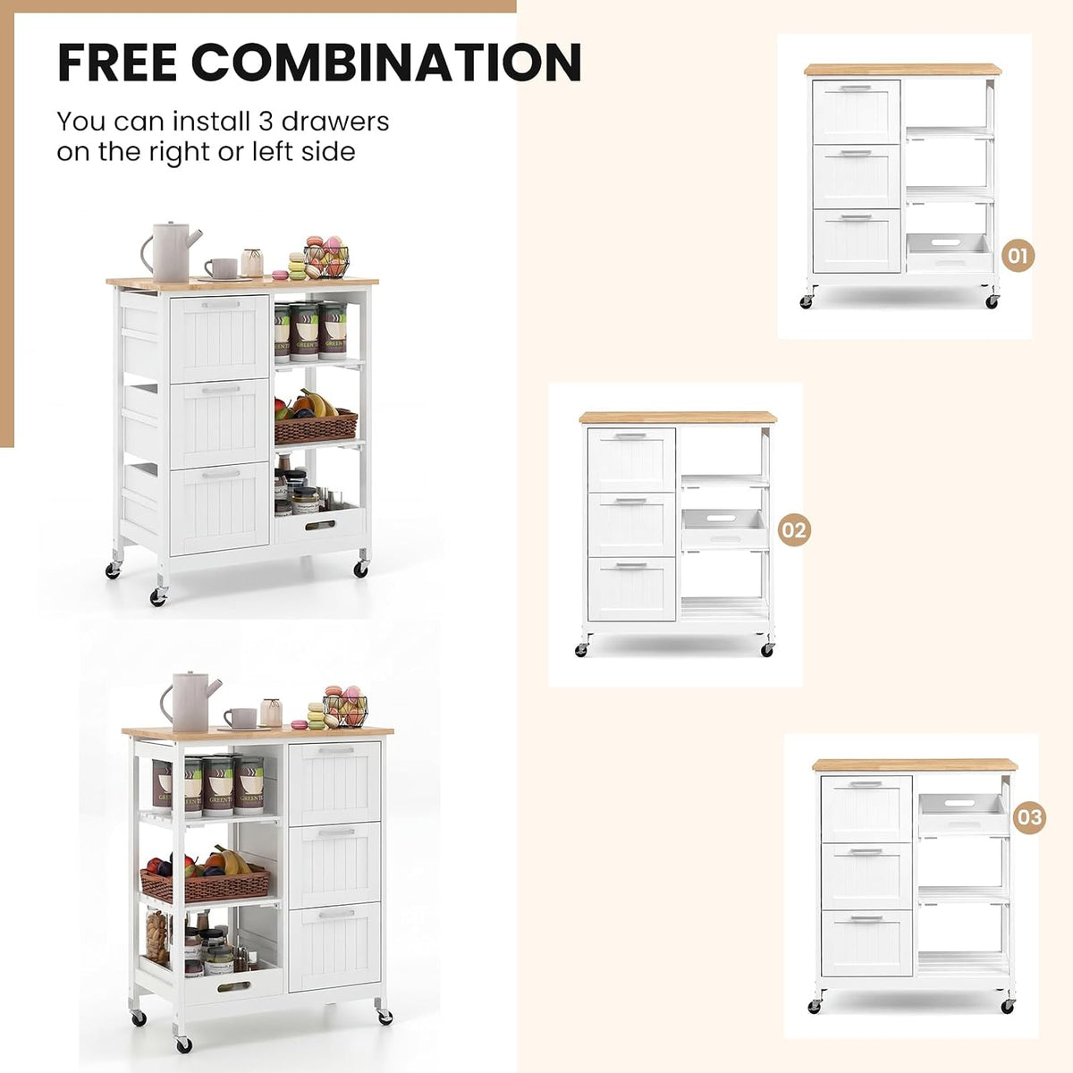 GIANTEX Kitchen Island Cart on Wheels, Rolling Utility Cart w/Rubber Wood Top, 3 Storage Drawers & 2 Removable Shelves & Removable Tray, Lockable Casters, Serving Cart for Dining Room, Bar, White