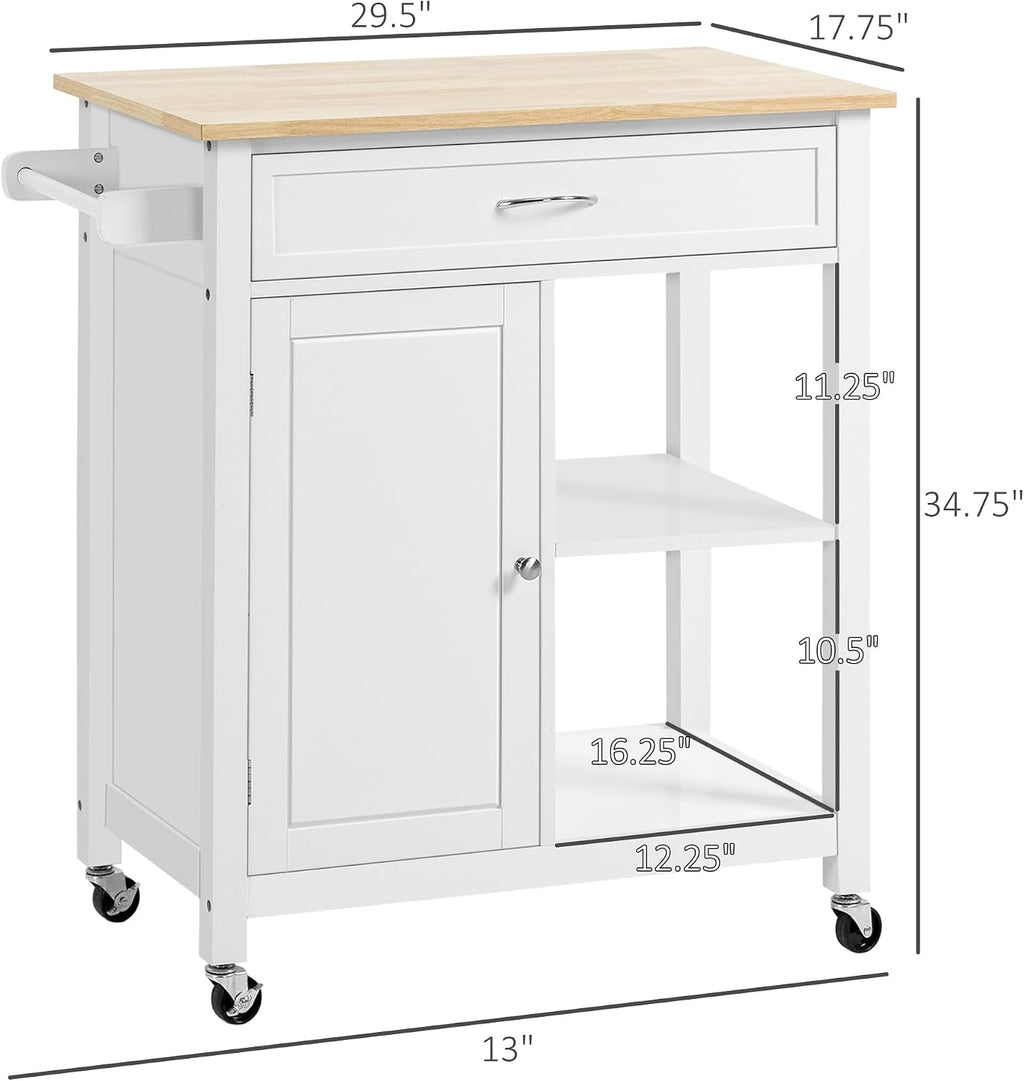 HOMCOM Kitchen Island Cart, Rolling Kitchen Island, Wood Top, White