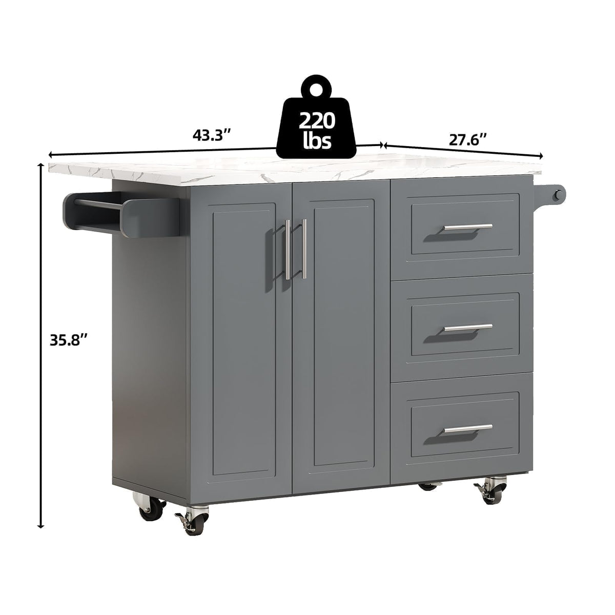 43" Kitchen Island on Wheels, Rolling Kitchen Island with Drop Leaf, Black