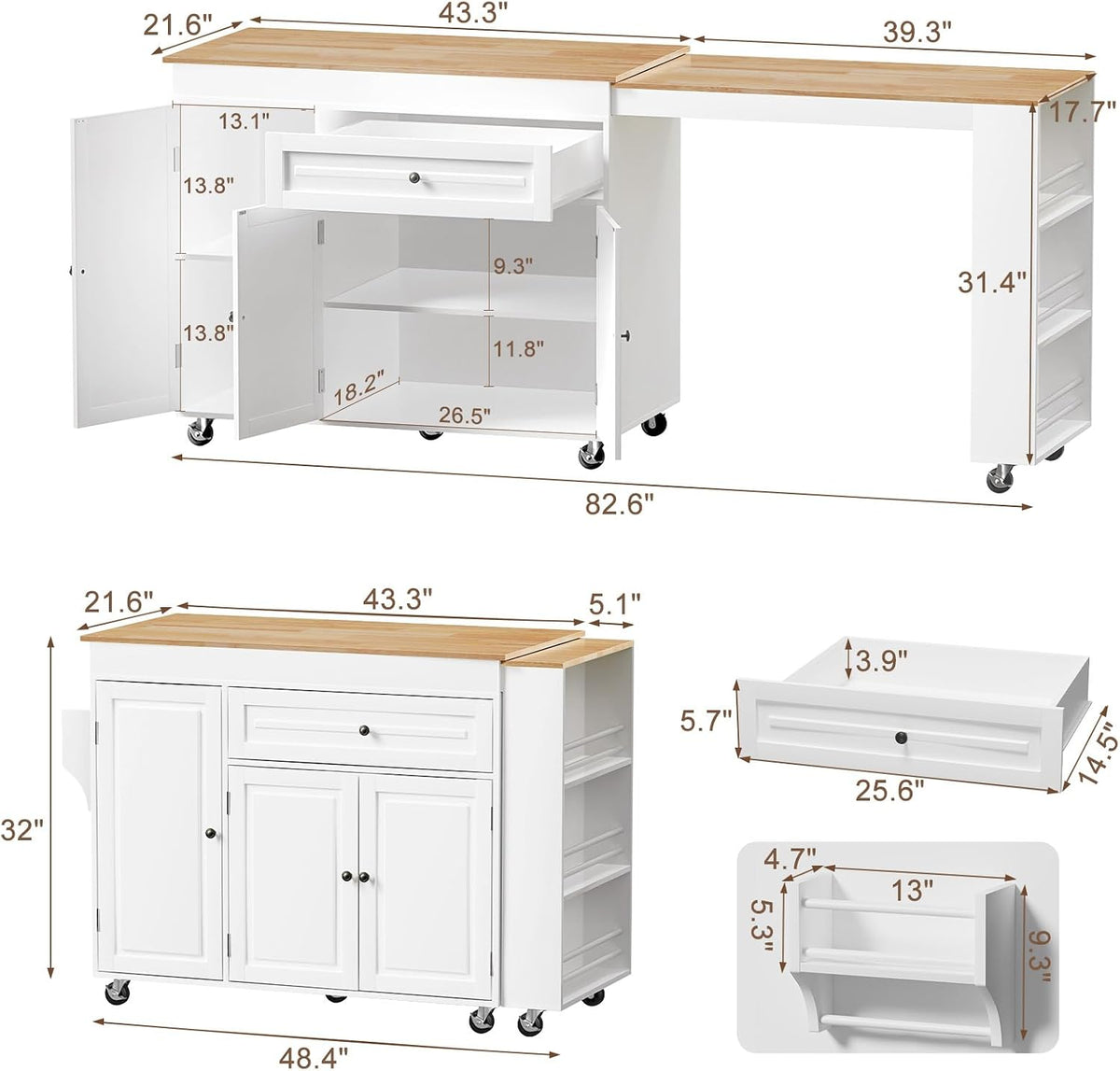 Expandable Kitchen Island with Storage Drawer and Wheels, White