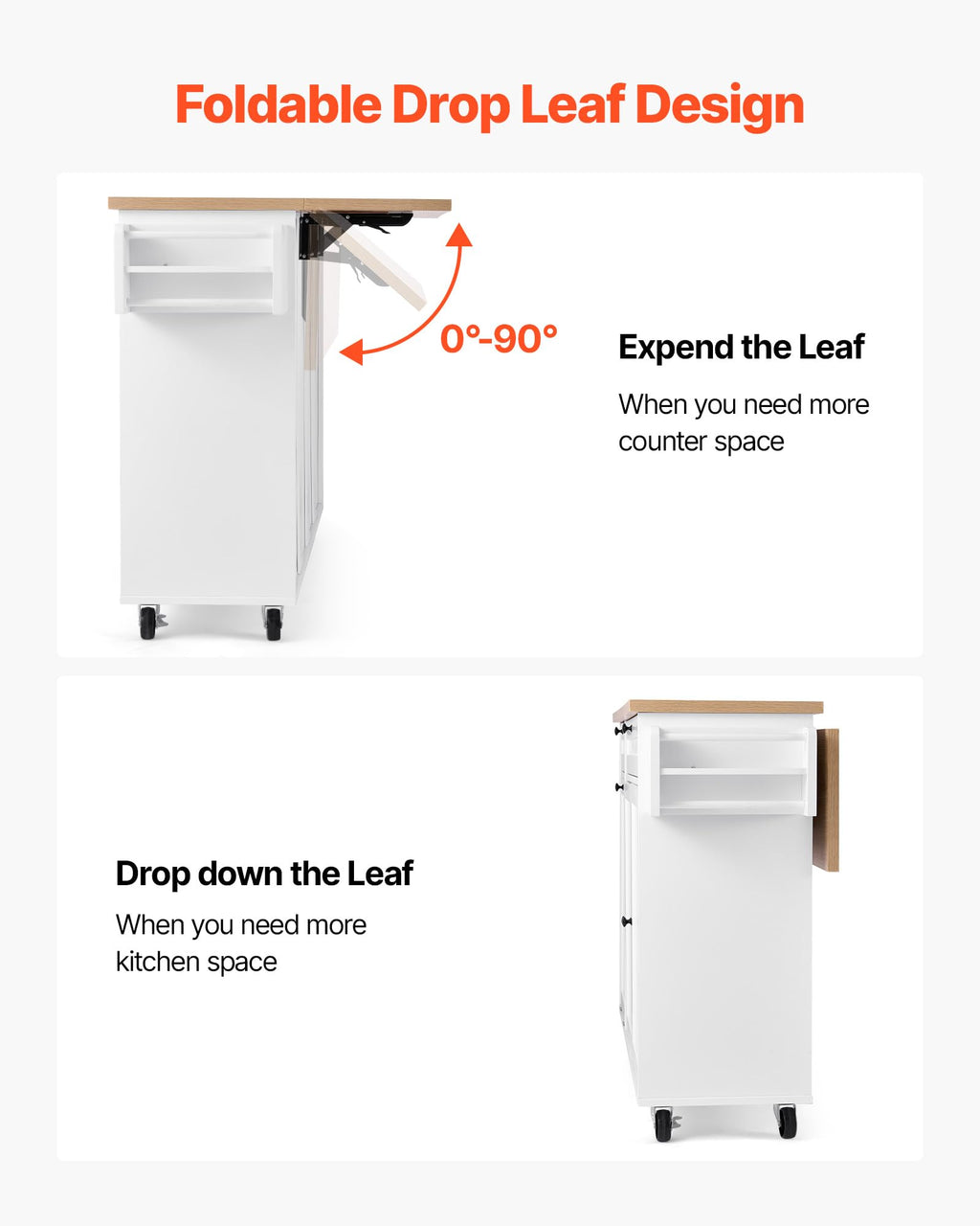 VEVOR Kitchen Island Cart with Storage, 47.64 in Wide Mobile Rolling Storage Island on Swivel Wheels, with 2 Drawers, Storage Cabinet, Drop Leaf, Towel Rack, Table for Home Dining Room, White