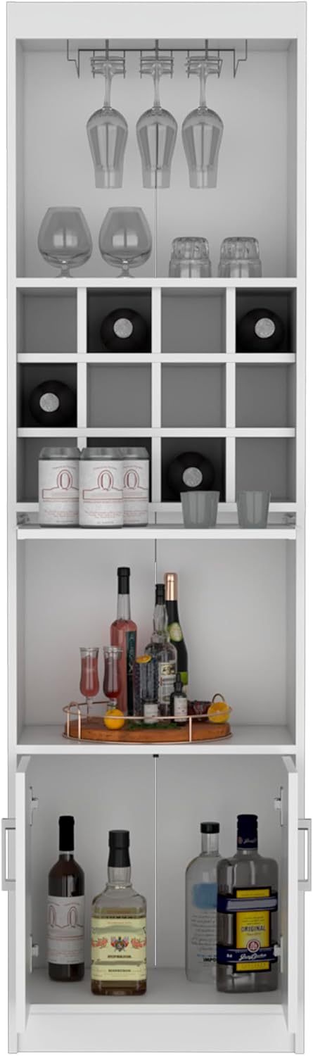 71" Modern Tall Bar Cabinet with 2 Doors Cabinet, 5-Tier Bistro Organizer with 12-Bottle Wine Rack & 12 Stemware Slots, Versatile Liquor Cabinets with Pull-Out Tray for Bar Kitchen Living Room,White