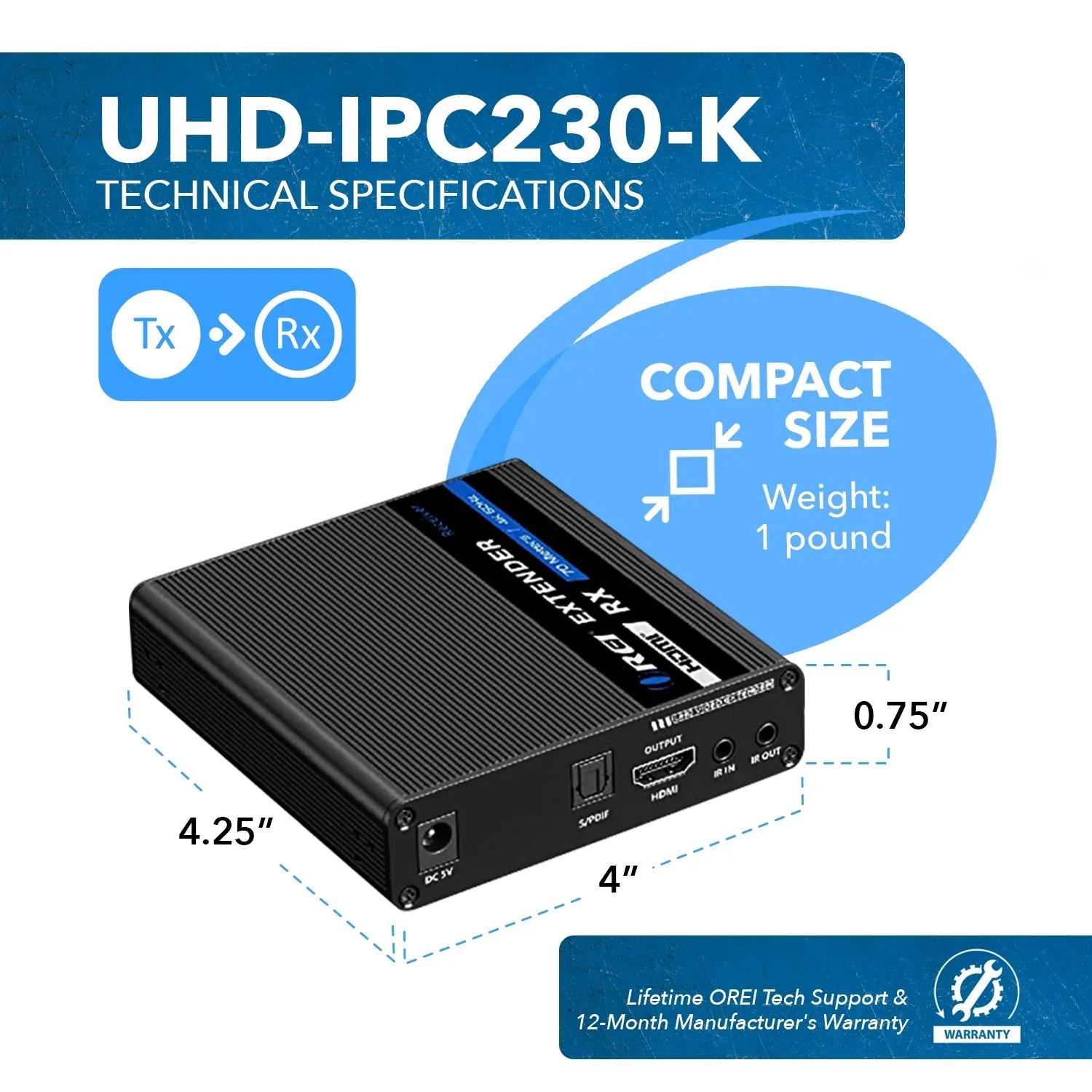 HDMI Audio Over Extender (UHD-IPC230-K) & 4K Extraction -IR OREI CAT6/7 -230 Ft Blaster