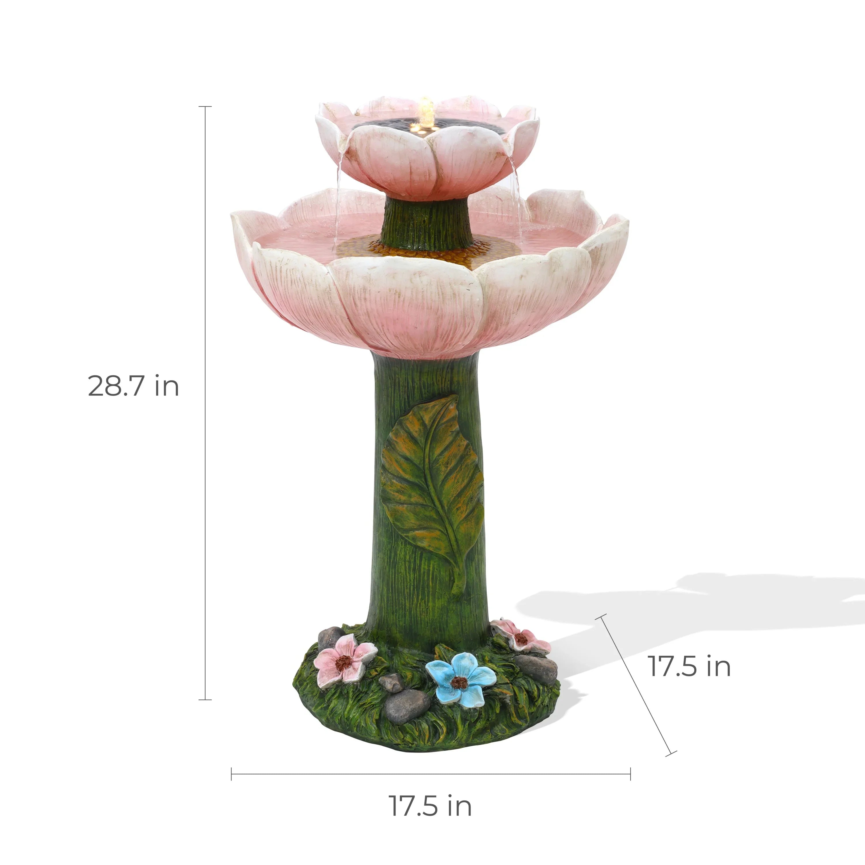 Solar Birdbath with LuxenHome Resin 2-Tier Lights Flower Pink Powered Fountain