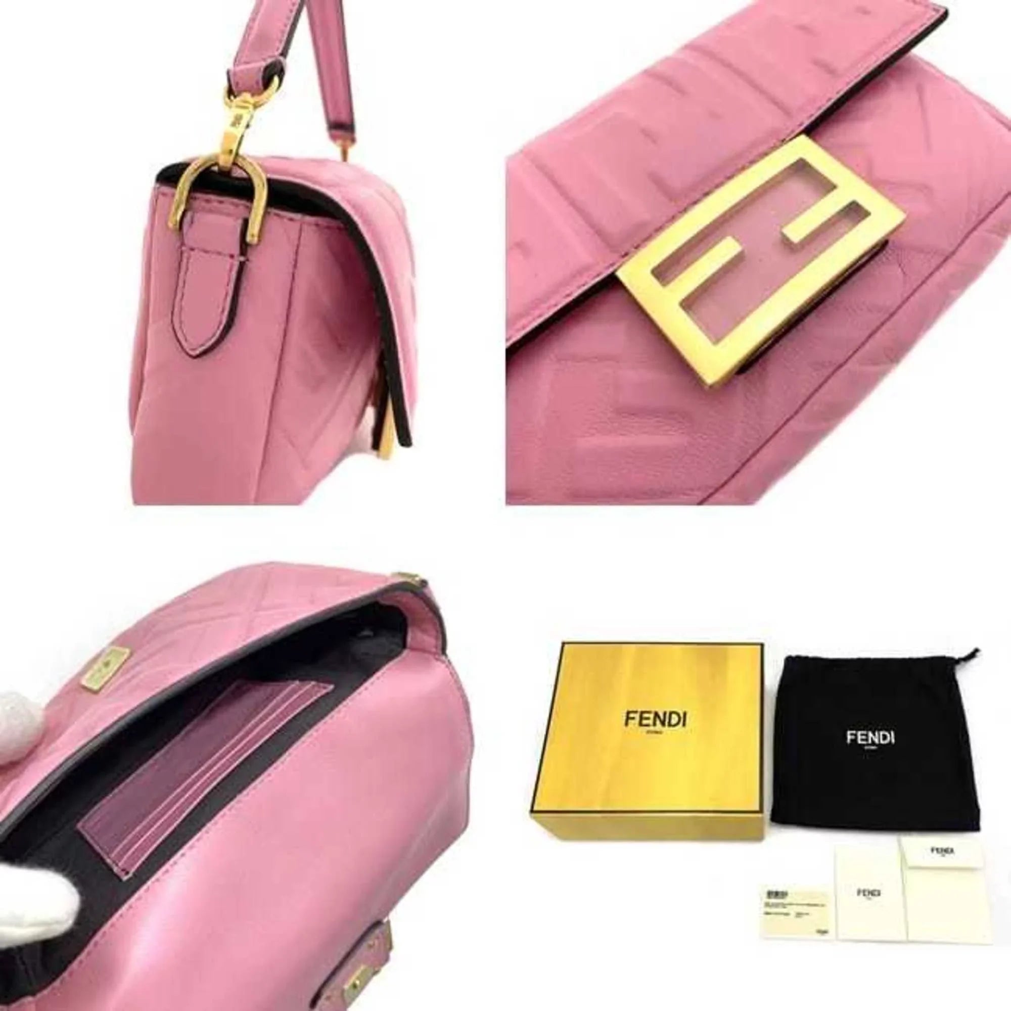 Pink FF Baguette Pre-Owned Chain FENDI Small 8BS017 Leather Shoulder (Like GP Embossed Ladies New) Gold Fendi Bag