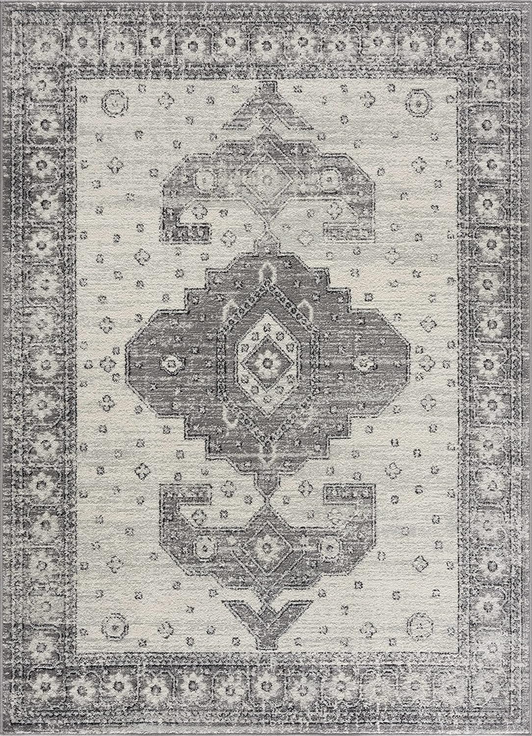 '- - Goksun 7'10" Vintage Pattern Rug Living Persian Beige Indoor 10' Room, Distressed Area Marash Medallion Grey, X - Collection Boho Traditional Oriental - Bedroom,