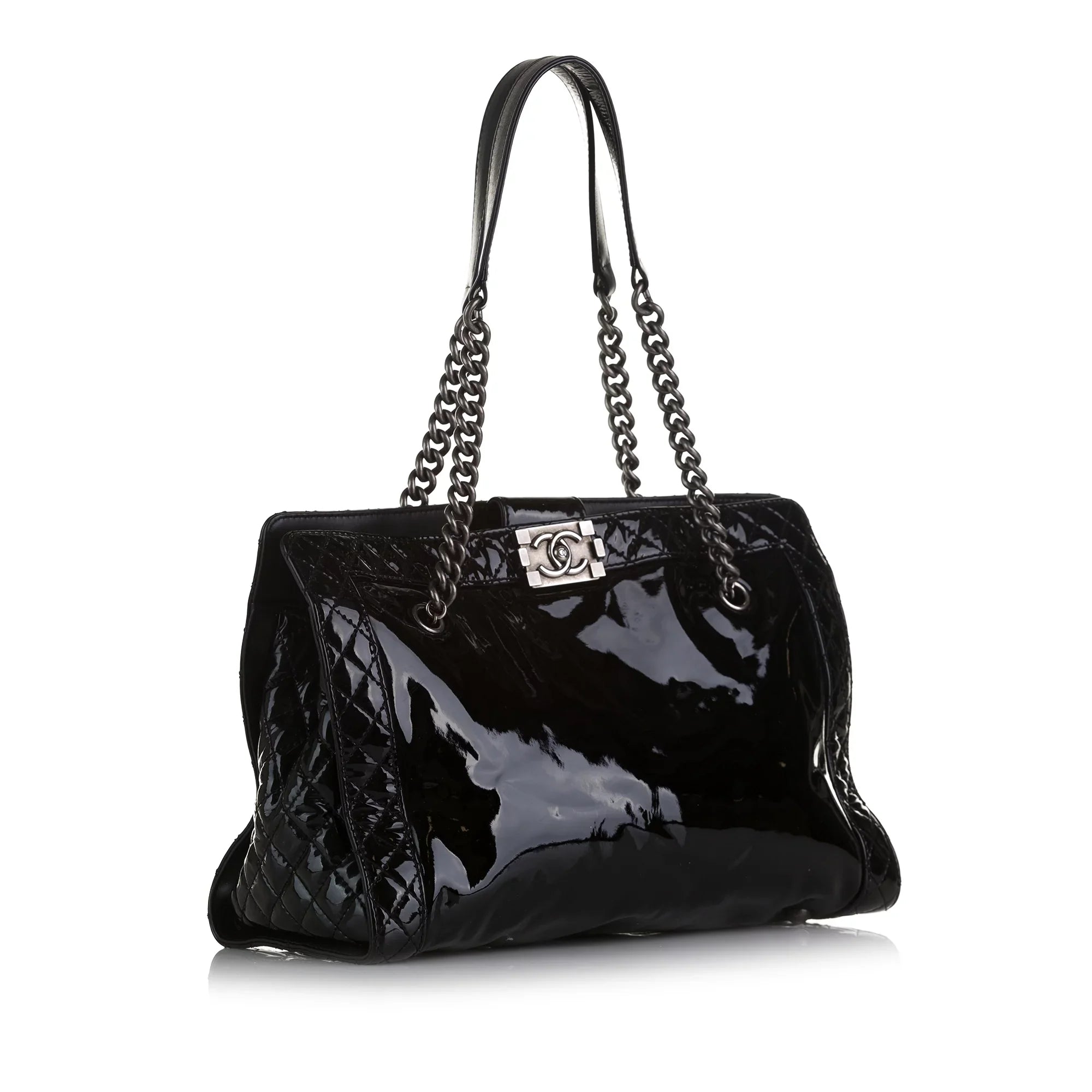 Patent Pre-Owned Black Leather Tote Authenticated Tote Bag Unisex Chanel (Good) Boy Reverso Shopping