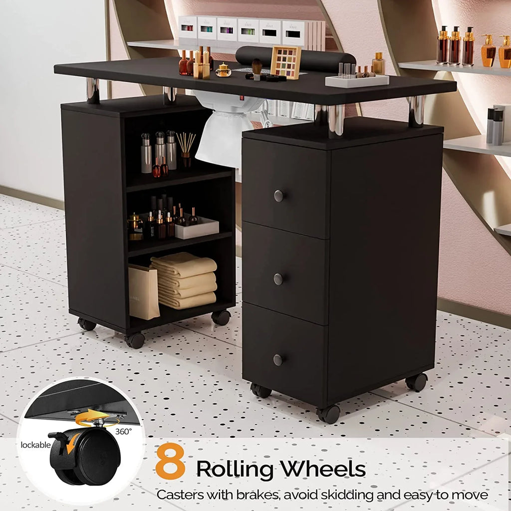 Table Table Beauty w/Electric Supplies Resistant Dust Nail Cushion,3-Tier Tech for Salon Collector, Manicure OmySalon Portable Acetone Station Nail Shelves&Drawers Nail Wheels,Wrist Desk w/Lockable