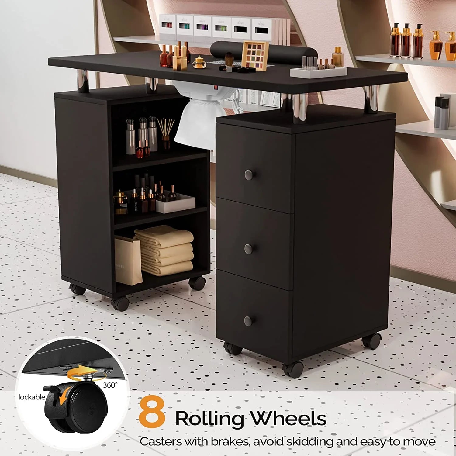 Table Table Beauty w/Electric Supplies Resistant Dust Nail Cushion,3-Tier Tech for Salon Collector, Manicure OmySalon Portable Acetone Station Nail Shelves&Drawers Nail Wheels,Wrist Desk w/Lockable