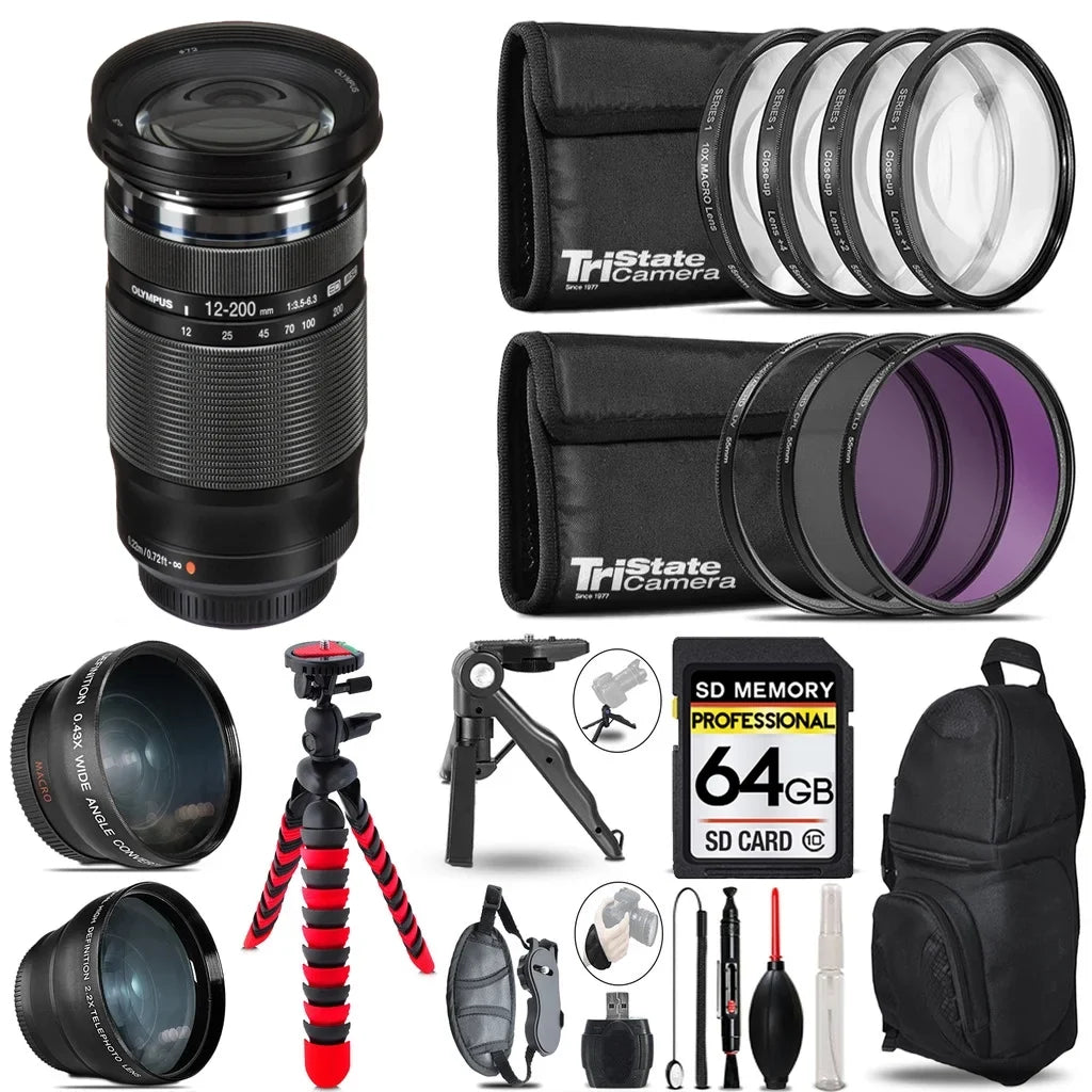ED f/3.5-6.3 Backpack 3 Olympus 64GB + Tripod Digital Kit + - 12-200mm - Lens M.Zuiko Bundle Accessory Lens