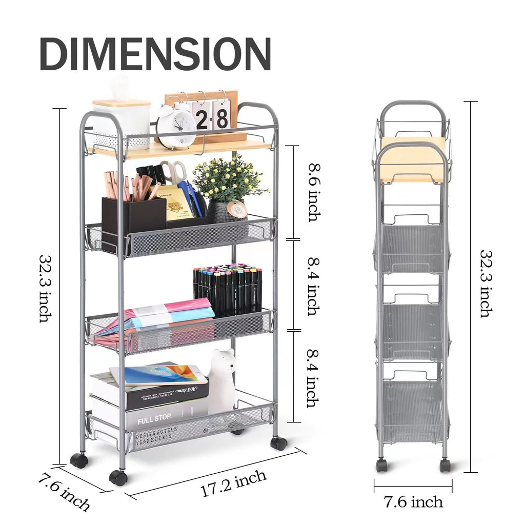 Gray Tabletop Cart, KINGRACK with Storage Bathroom, Mesh for KK Kitchen Wooden Utility Carts 4-Tier Rolling