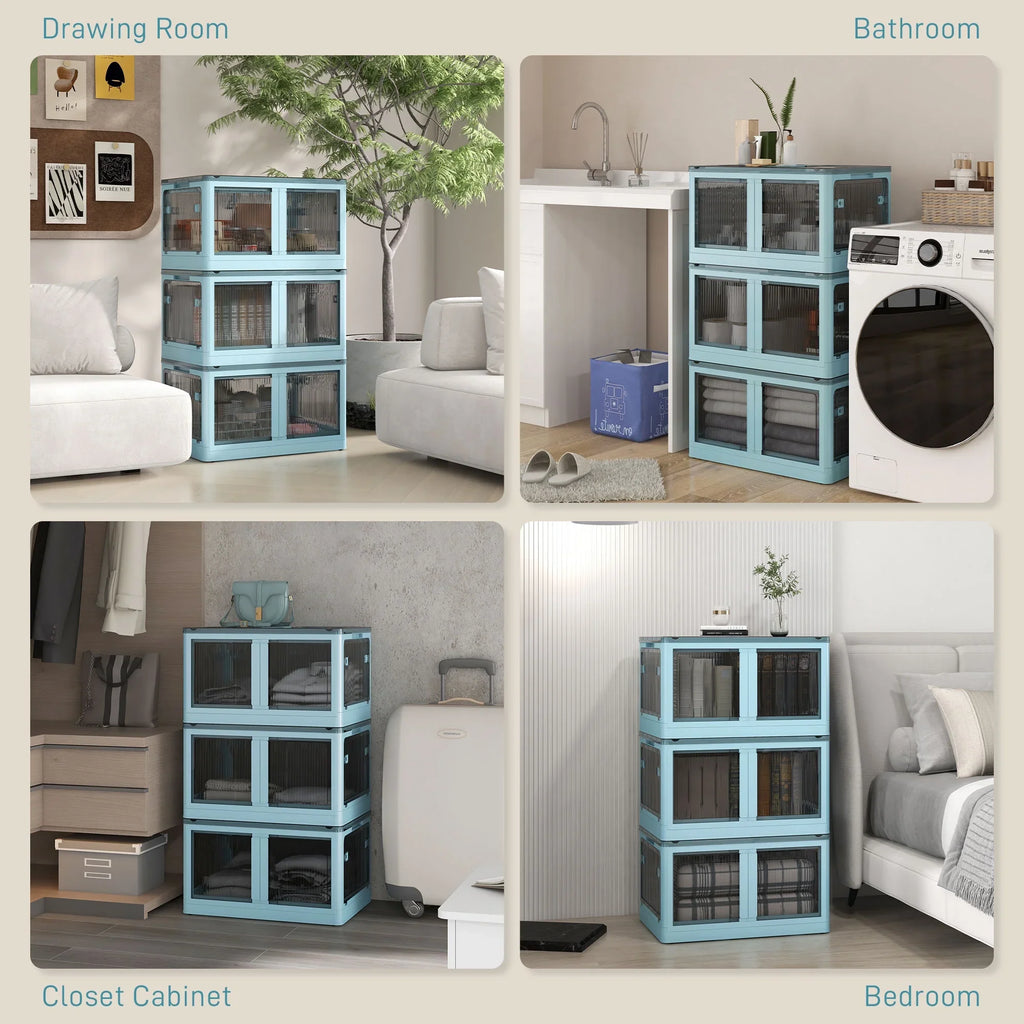 Lids, Stackable and Storage HOMCOM Blue with Collapsible, Wheels, Bins