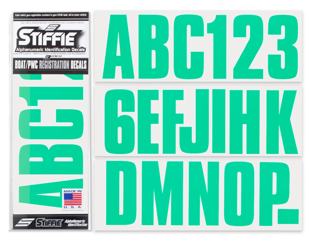 SeaFoam for STIFFIE Identification Numbers Personal Uniline Alpha-Numeric 3" Marine Custom Decals & Stickers Watercraft Boats & PWC Green Kit Letters Registration