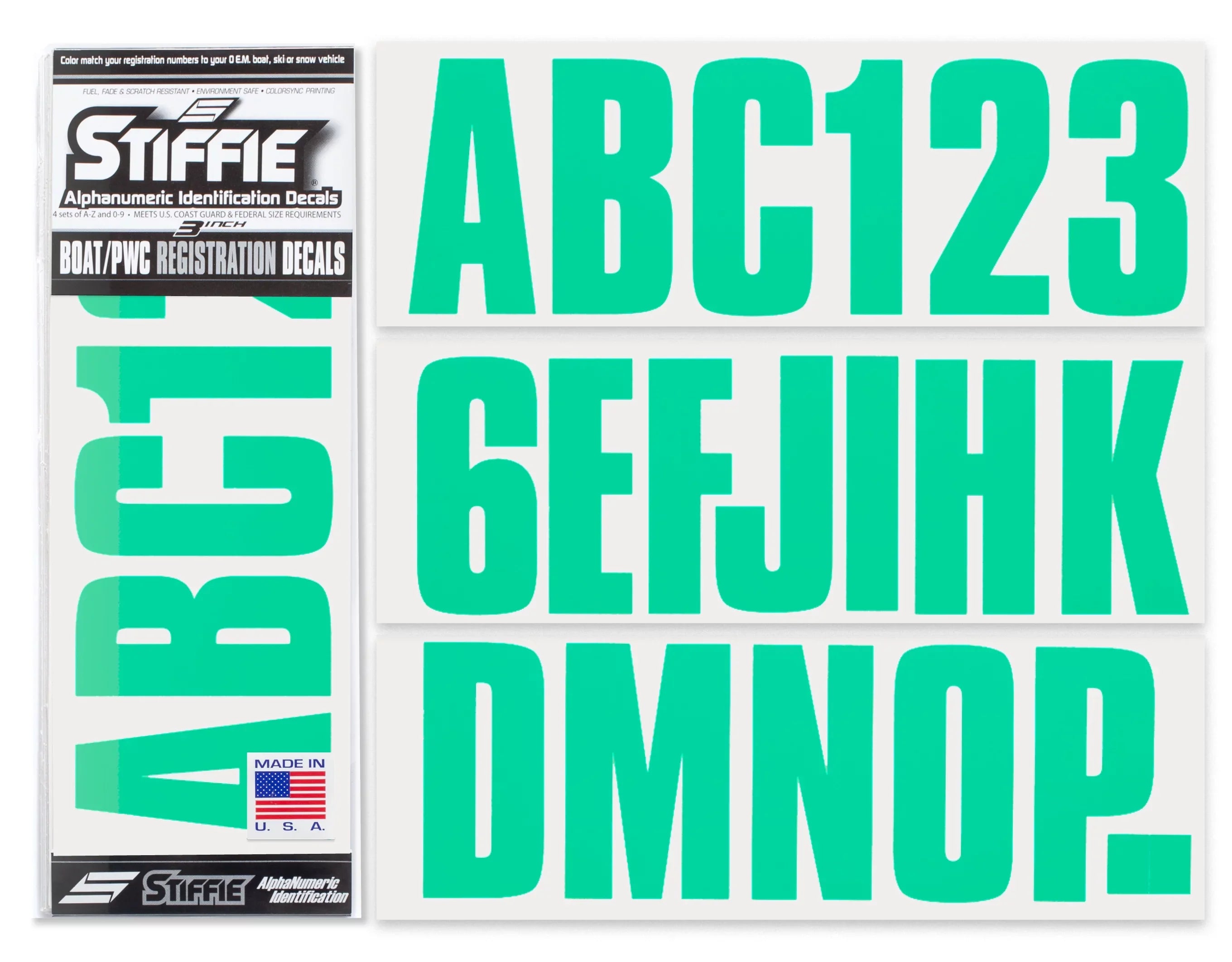 SeaFoam for STIFFIE Identification Numbers Personal Uniline Alpha-Numeric 3" Marine Custom Decals & Stickers Watercraft Boats & PWC Green Kit Letters Registration