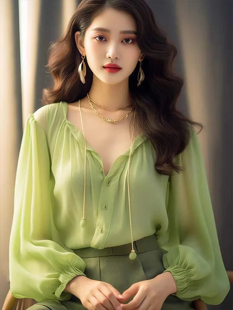 Mambo Chiffon Spring French V-Neck Blouse. Fashionable With Underneath. Top Shirt Mint Style Women'S Style