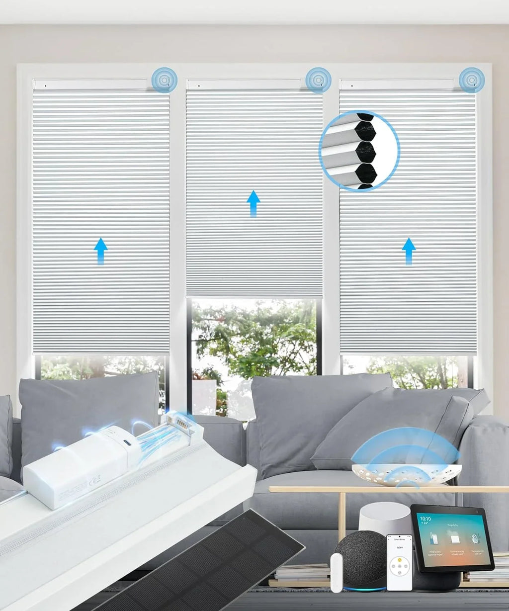 Google【Free White Solar Blackout Wx64 Solar Cordless Rechargeable Automatic Blinds, with H, Remote, Panel】 Blinds with Motorized Magnetic Honeycomb Electric Shades 29" Alexa 100% Cellular Powered