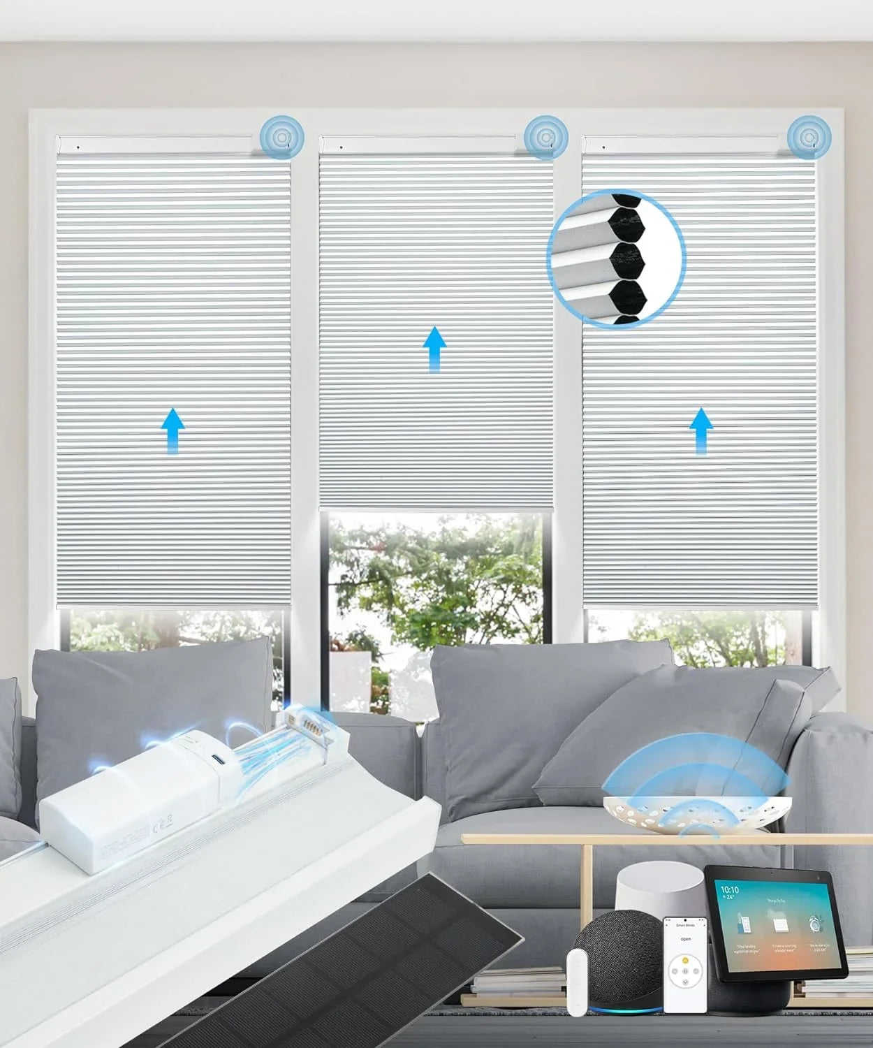 Google【Free White Solar Blackout Wx64 Solar Cordless Rechargeable Automatic Blinds, with H, Remote, Panel】 Blinds with Motorized Magnetic Honeycomb Electric Shades 29" Alexa 100% Cellular Powered