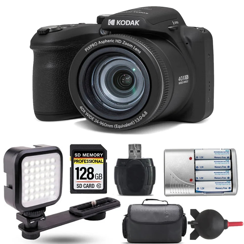Extra AZ405 Digital LED Kodak PIXPRO + - (Black) + 128GB Battery Kit Camera