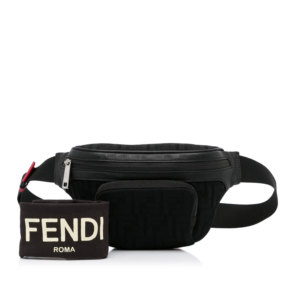 Fabric Unisex Authenticated (Good) Pre-Owned Pocket Black Bag Knit Neoprene FF Perforated Belt Fendi Vitello Grace