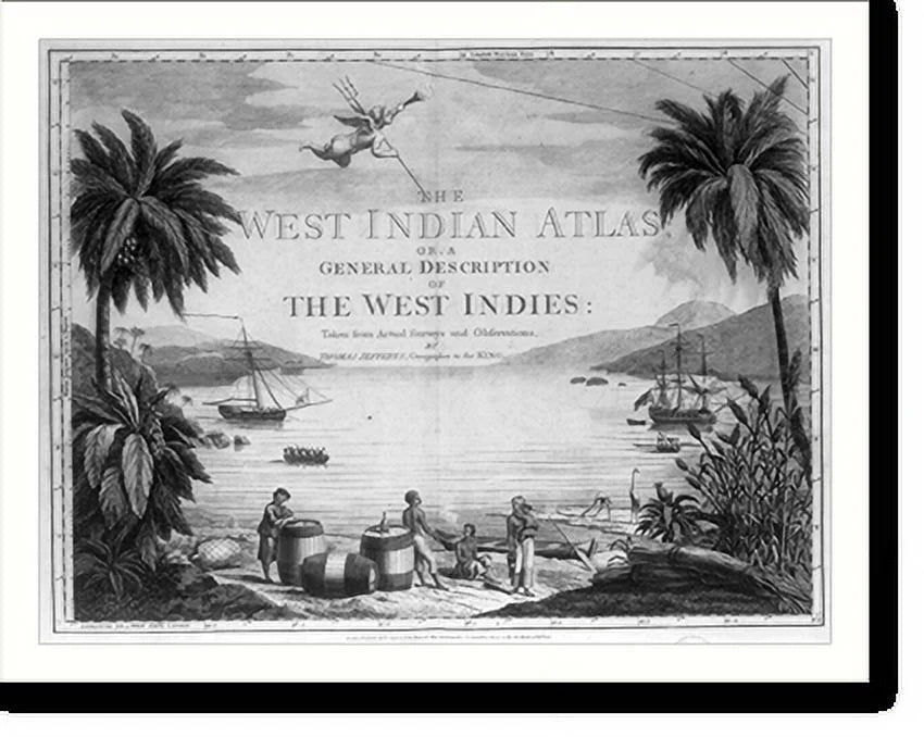 the ships two and on West Historic scene harbor], Framed large with casks, the in showing 17-7/8" x sailor a [A the Indies and beach three Natives in Print, 21-7/8" British