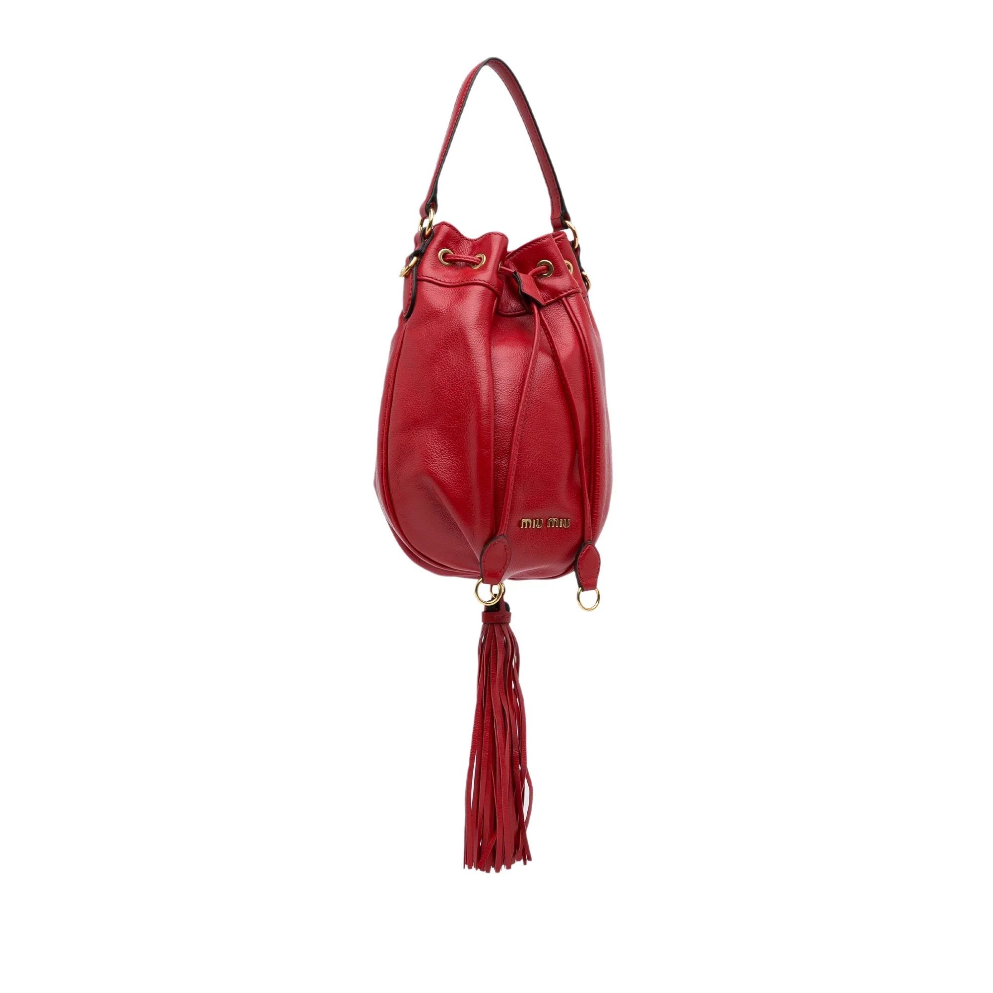 Bag Unisex Tassel Miu Authenticated Miu Bucket (Good) Leather DrawstringBag Red Pre-Owned Accent Calf