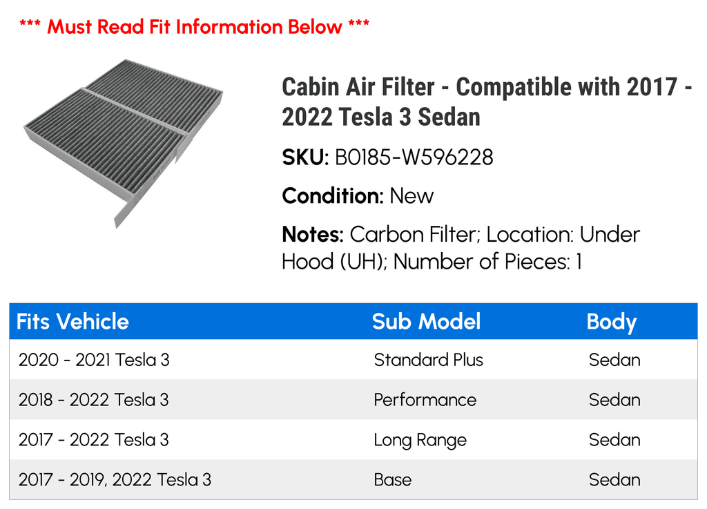 2020 2019 Compatible 2021 Sedan Air Cabin - with Filter 2018 2017 2022 - Tesla 3