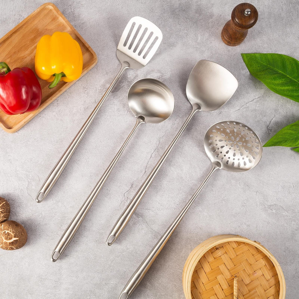 Stiwee Steel All 304 17Inch Cooker 4Pieces Ladle Wok Cooking Kitchen Newest Set Tools Stainless Slotted Equipment Handle Long Utensils Spatula Spatula Metal Spoon Extra 2024 Skimmer And Sale Cooking