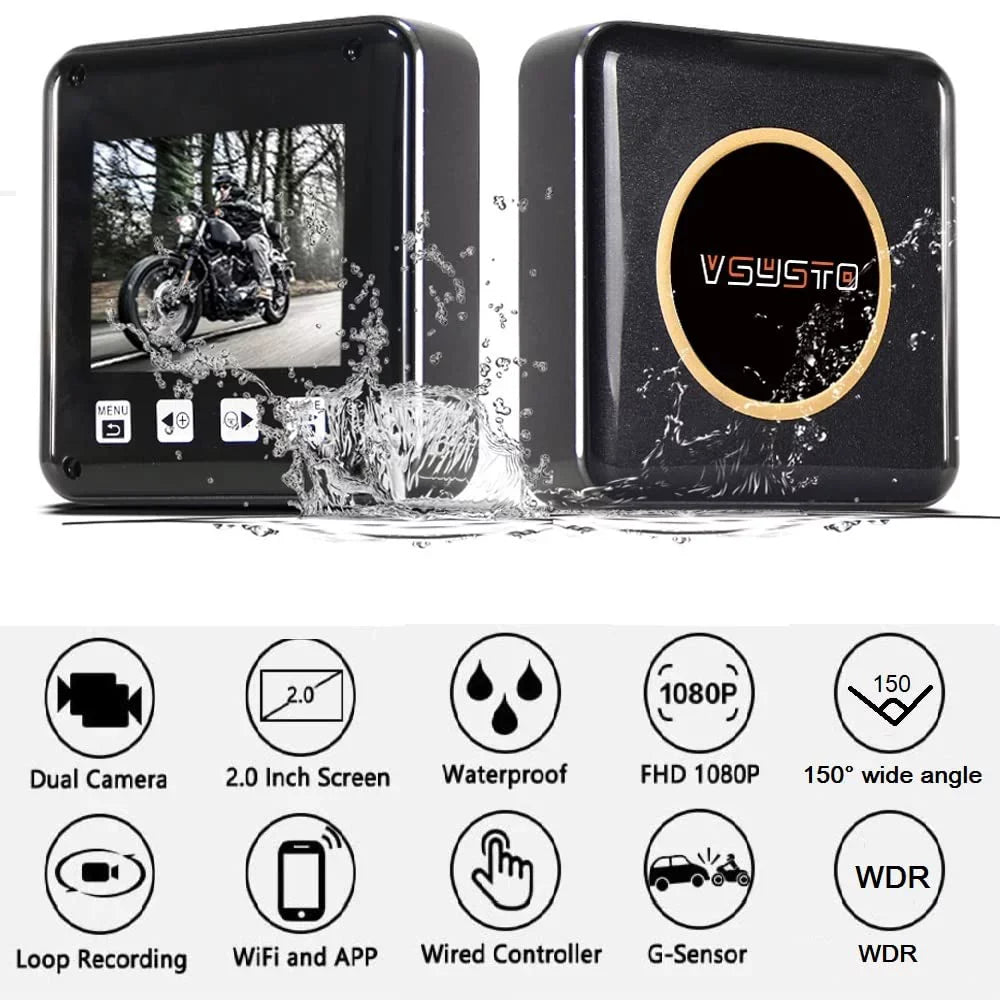 Loop 2 Night 150° Fish Screen HD Inch Angle Dash Camera, Front Full G-sensor Recording, Wide Rear Body Eye Vision, Waterproof Cam, WDR, and 1080P VSYSTO Lens Motorcycle SonyIMX307